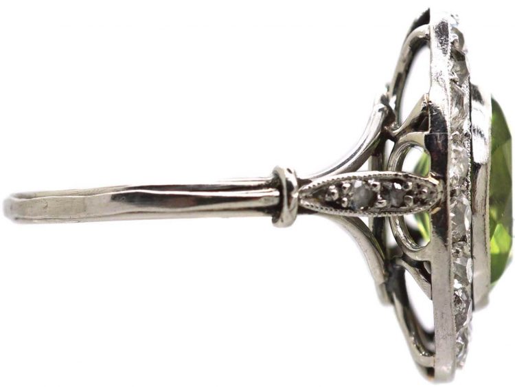 Early 20th Century French Platinum, Peridot & Diamond Oval Cluster Ring