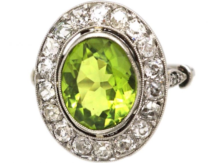 Early 20th Century French Platinum, Peridot & Diamond Oval Cluster Ring