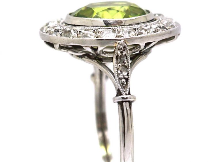 Early 20th Century French Platinum, Peridot & Diamond Oval Cluster Ring