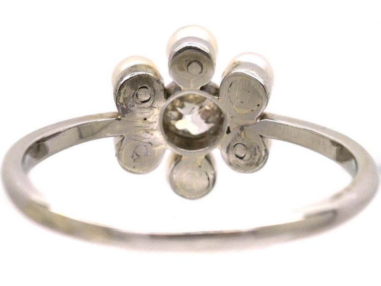Edwardian 18ct White Gold, Diamond & Natural Pearl Daisy Cluster Ring