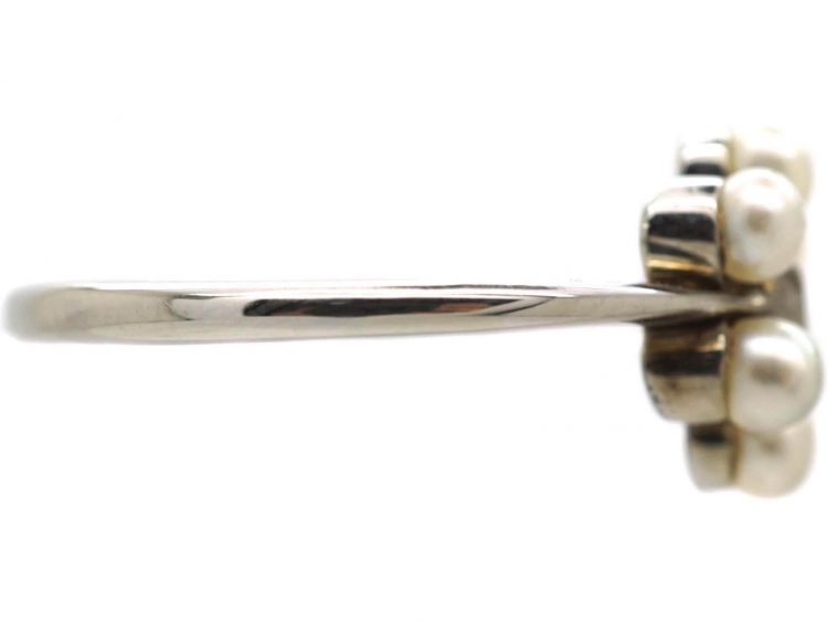 Edwardian 18ct White Gold, Diamond & Natural Pearl Daisy Cluster Ring