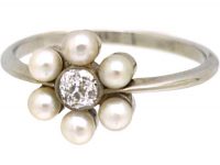 Edwardian 18ct White Gold, Diamond & Natural Pearl Daisy Cluster Ring