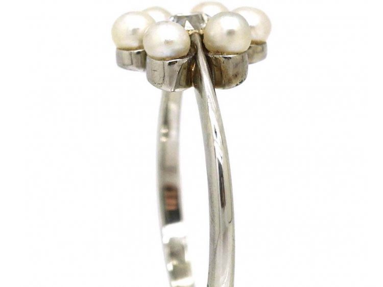 Edwardian 18ct White Gold, Diamond & Natural Pearl Daisy Cluster Ring