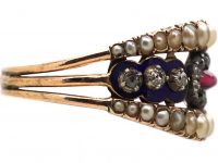 Georgian 9ct Gold, Blue Enamel, Diamond, Cabochon Garnet & Natural Split Pearl Ring