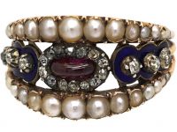 Georgian 9ct Gold, Blue Enamel, Diamond, Cabochon Garnet & Natural Split Pearl Ring