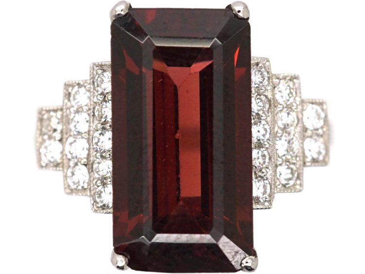 18ct White Gold Ring set with a Rectangular Cut Rhodolite & Step Cut Diamond Shoulders