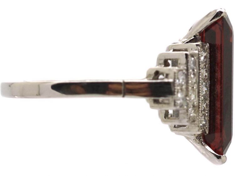 18ct White Gold Ring set with a Rectangular Cut Rhodolite & Step Cut Diamond Shoulders