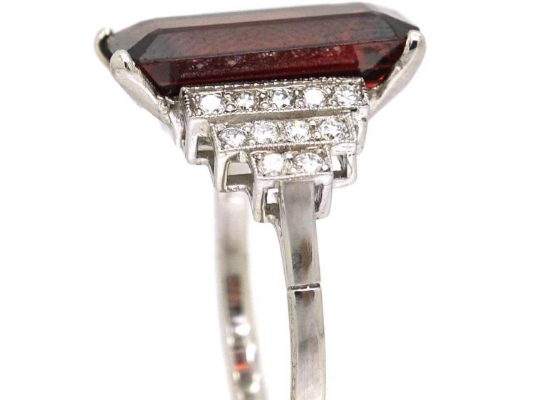 18ct White Gold Ring set with a Rectangular Cut Rhodolite & Step Cut Diamond Shoulders
