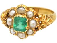Victorian 18ct Gold Ring set with an Emerald & Natural Split Pearls