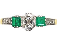 Art Deco 18ct Gold & Platinum, Emerald & Diamond Ring with Diamond Set Shoulders