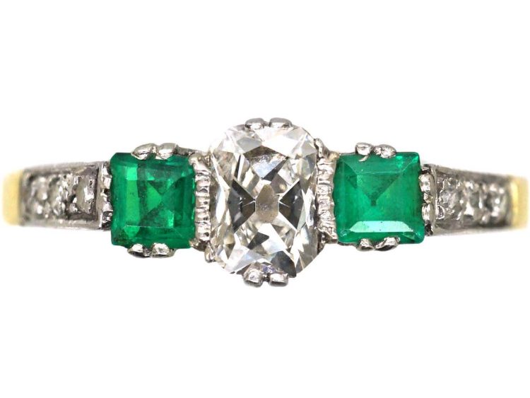 Art Deco 18ct Gold & Platinum, Emerald & Diamond Ring with Diamond Set Shoulders