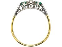 Art Deco 18ct Gold & Platinum, Emerald & Diamond Ring with Diamond Set Shoulders