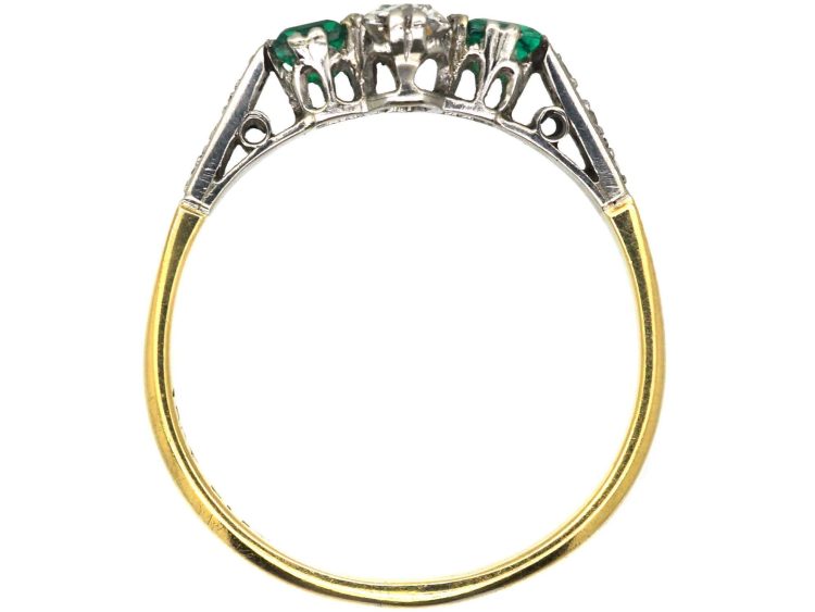 Art Deco 18ct Gold & Platinum, Emerald & Diamond Ring with Diamond Set Shoulders