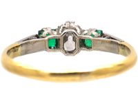 Art Deco 18ct Gold & Platinum, Emerald & Diamond Ring with Diamond Set Shoulders