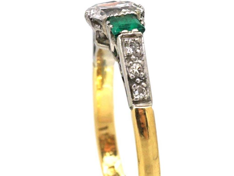 Art Deco 18ct Gold & Platinum, Emerald & Diamond Ring with Diamond Set Shoulders