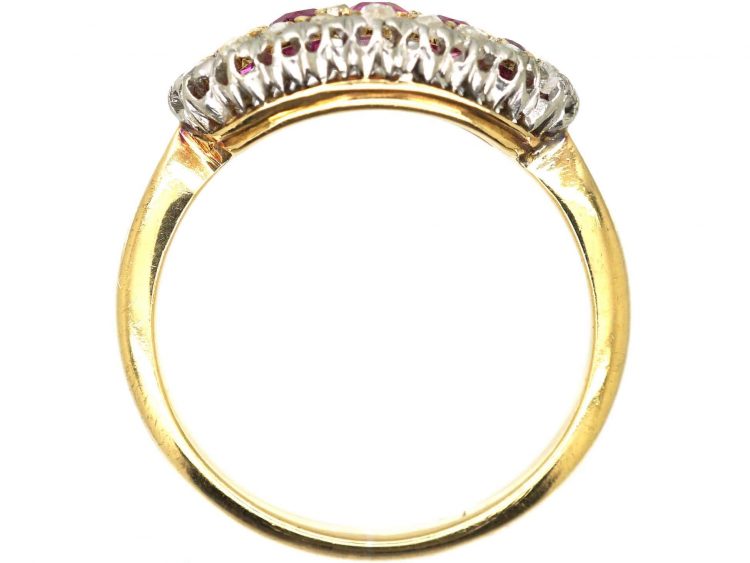 Edwardian 18ct Gold & Platinum, Boat Shaped Ring set with Rose Diamonds & Rubies
