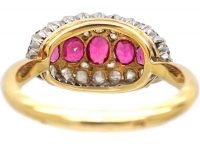 Edwardian 18ct Gold & Platinum, Boat Shaped Ring set with Rose Diamonds & Rubies