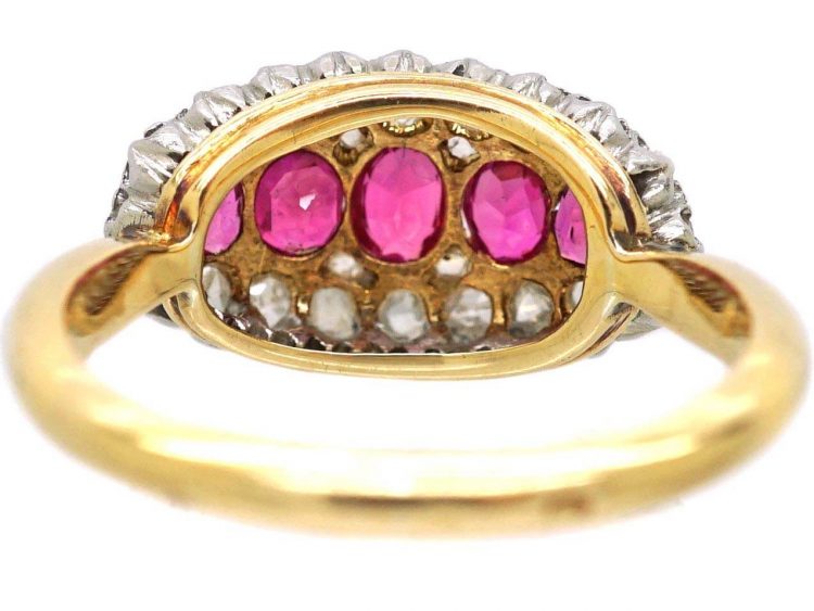 Edwardian 18ct Gold & Platinum, Boat Shaped Ring set with Rose Diamonds & Rubies