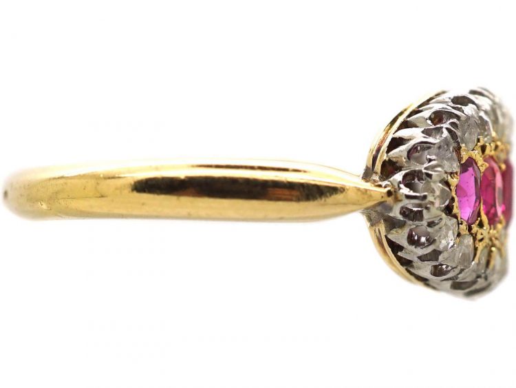 Edwardian 18ct Gold & Platinum, Boat Shaped Ring set with Rose Diamonds & Rubies