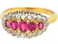 Edwardian 18ct Gold & Platinum, Boat Shaped Ring set with Rose Diamonds & Rubies