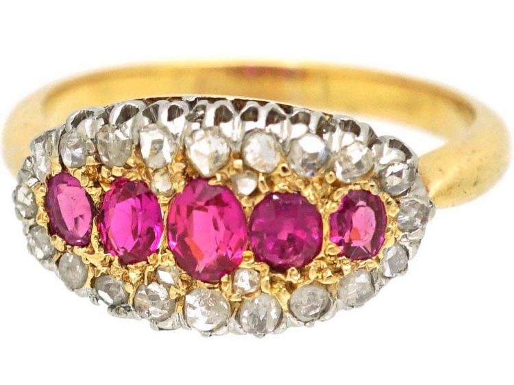 Edwardian 18ct Gold & Platinum, Boat Shaped Ring set with Rose Diamonds & Rubies