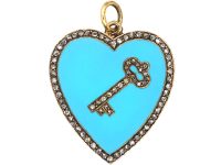 Edwardian 18ct Gold, Rose Diamond & Blue Enamel Key to my Heart Pendant