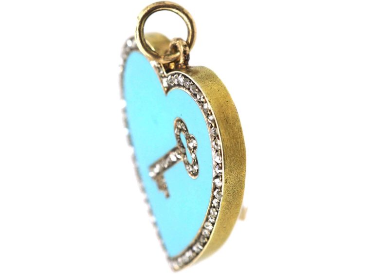 Edwardian 18ct Gold, Rose Diamond & Blue Enamel Key to my Heart Pendant