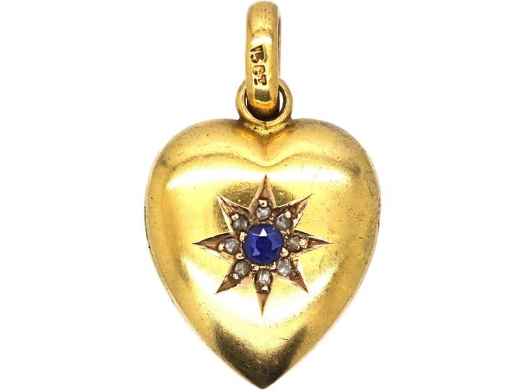 Edwardian 15ct Gold Heart Locket set with a Sapphire & Rose Diamonds
