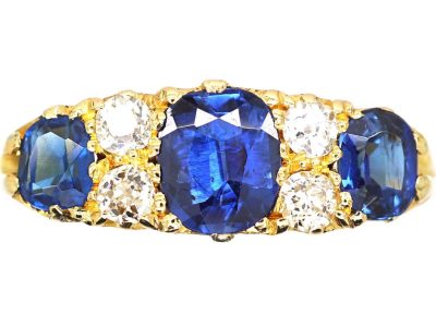 Edwardian 18ct Gold Three Stone Sapphire & Diamond Carved Half Hoop Ring