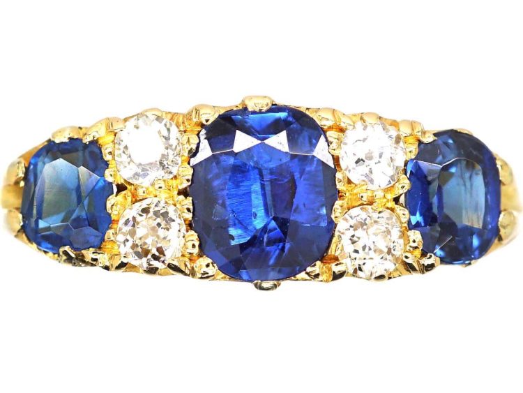 Edwardian 18ct Gold Three Stone Sapphire & Diamond Carved Half Hoop Ring