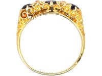 Edwardian 18ct Gold Three Stone Sapphire & Diamond Carved Half Hoop Ring