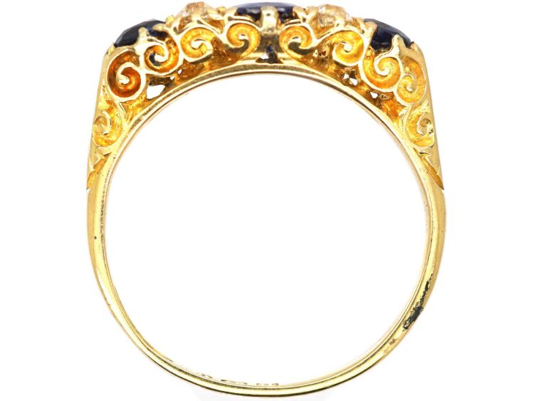 Edwardian 18ct Gold Three Stone Sapphire & Diamond Carved Half Hoop Ring
