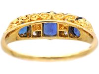 Edwardian 18ct Gold Three Stone Sapphire & Diamond Carved Half Hoop Ring