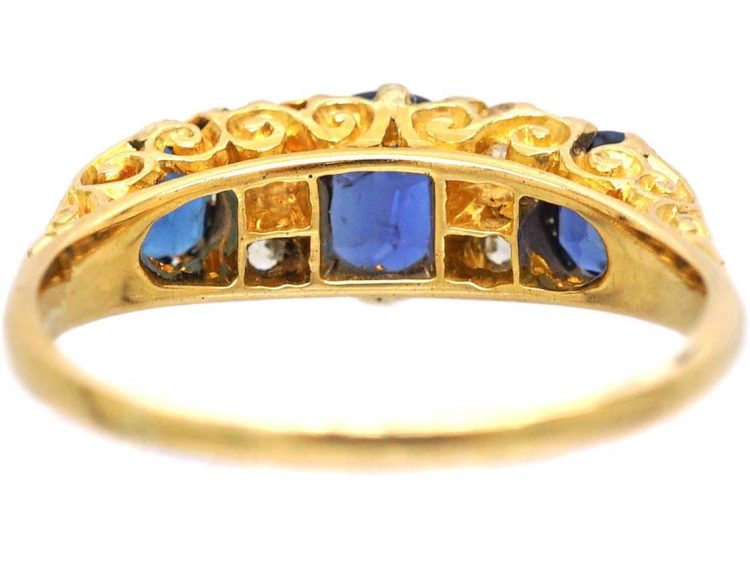 Edwardian 18ct Gold Three Stone Sapphire & Diamond Carved Half Hoop Ring