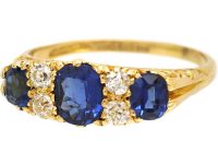 Edwardian 18ct Gold Three Stone Sapphire & Diamond Carved Half Hoop Ring