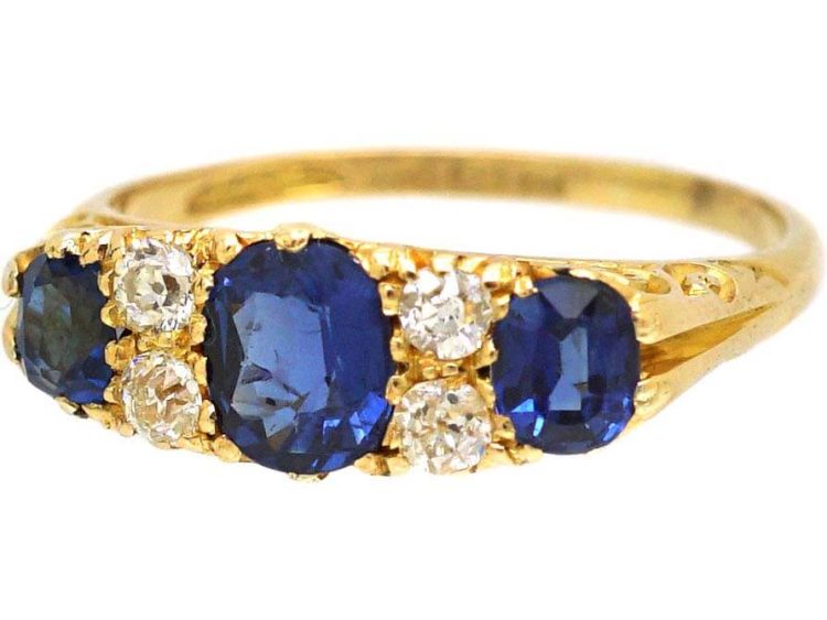 Edwardian 18ct Gold Three Stone Sapphire & Diamond Carved Half Hoop Ring