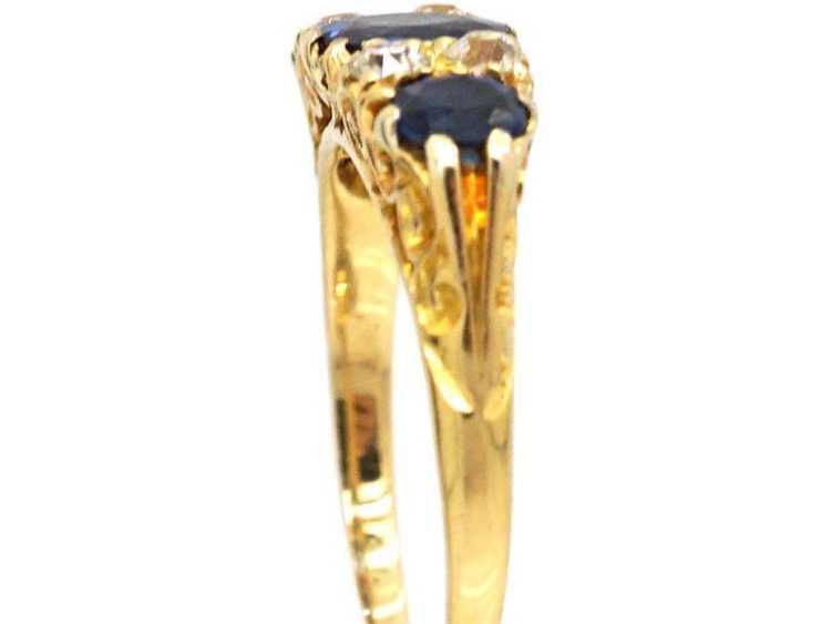 Edwardian 18ct Gold Three Stone Sapphire & Diamond Carved Half Hoop Ring