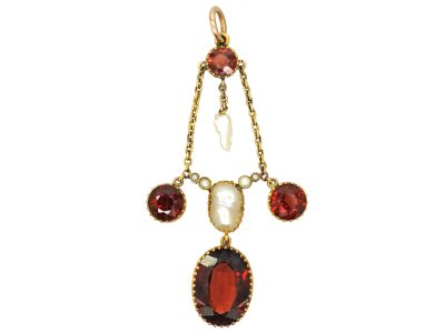 Edwardian 15ct Gold, Garnet & Baroque Pearls Pendant