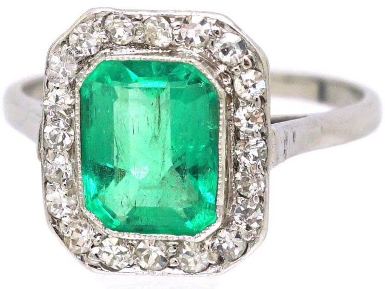 Art Deco Platinum, Emerald & Diamond Octagonal Cluster Ring
