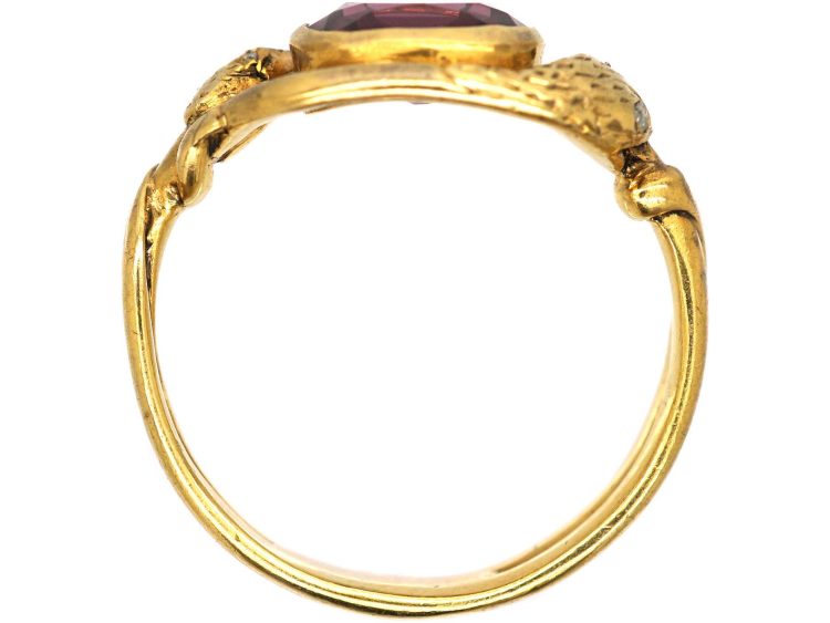 Victorian 18ct Gold Entwined Snakes Ring set with a Garnet