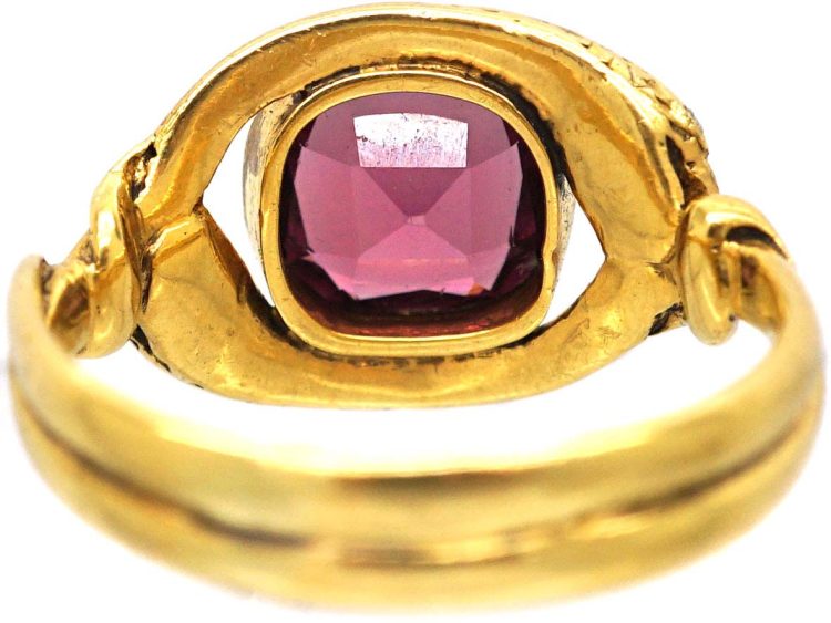 Victorian 18ct Gold Entwined Snakes Ring set with a Garnet