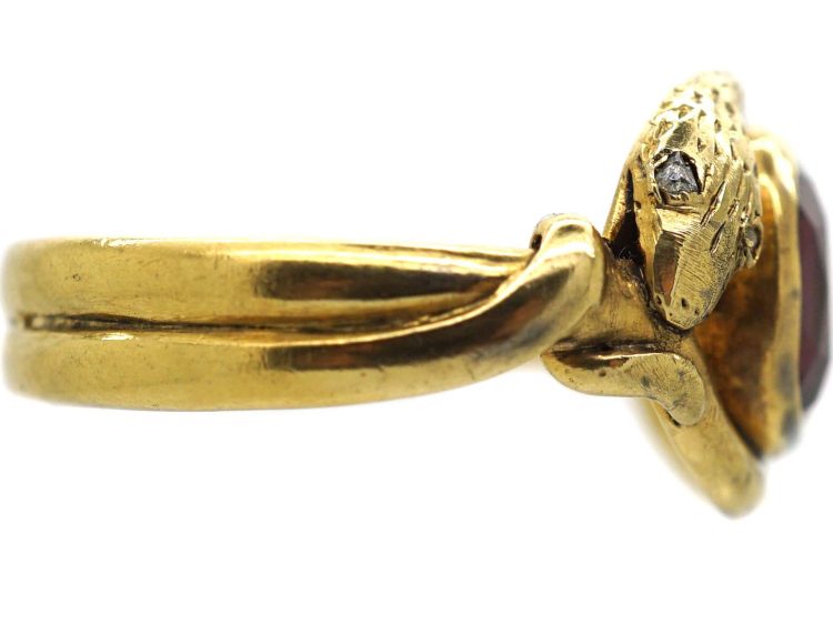 Victorian 18ct Gold Entwined Snakes Ring set with a Garnet