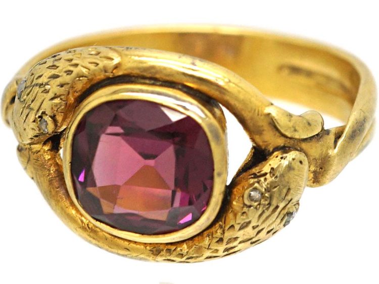 Victorian 18ct Gold Entwined Snakes Ring set with a Garnet
