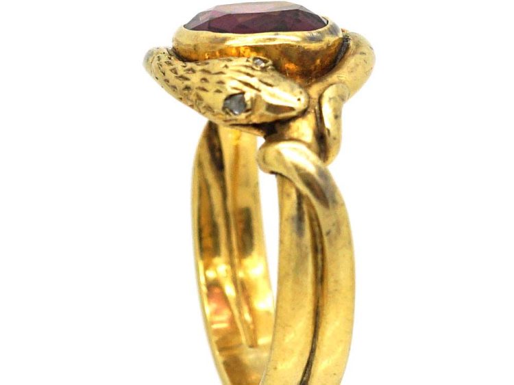 Victorian 18ct Gold Entwined Snakes Ring set with a Garnet