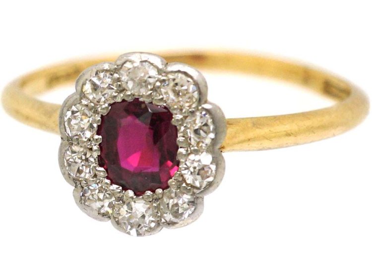 Edwardian 18ct Gold & Platinum Ruby & Diamond Oval Cluster Ring by Alabaster & Wilson