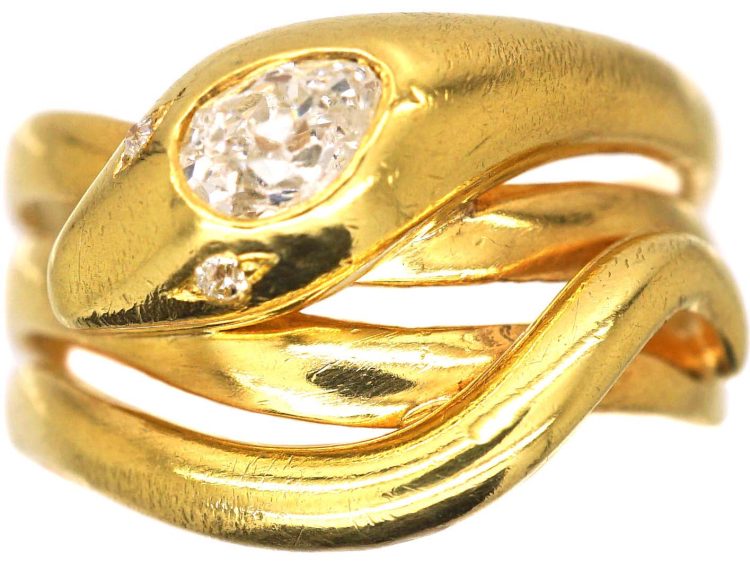 Victorian 18ct Gold Coily Snake Ring set with a Pear Shaped Diamond
