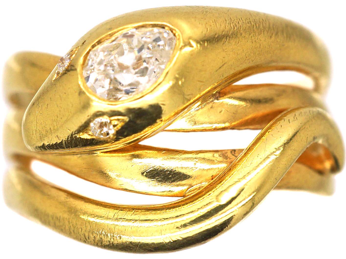 Victorian 18ct Gold Coily Snake Ring set with a Pear Shaped Diamond