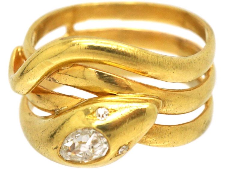 Victorian 18ct Gold Coily Snake Ring set with a Pear Shaped Diamond
