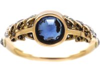 Edwardian 18ct Gold & Platinum, Sapphire & Diamond Ring with Leaf Motif