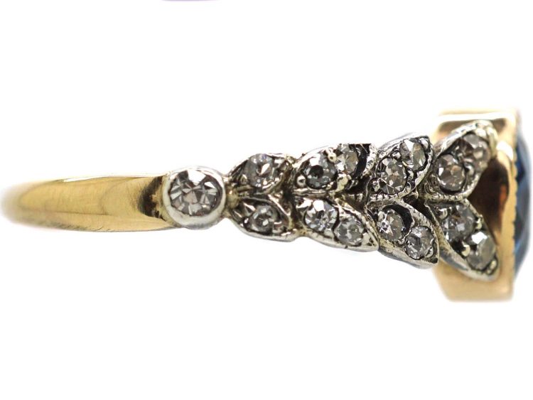 Edwardian 18ct Gold & Platinum, Sapphire & Diamond Ring with Leaf Motif